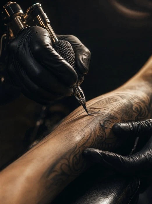 Tattoo machine working on a numbed forearm after the cream has been wiped off
